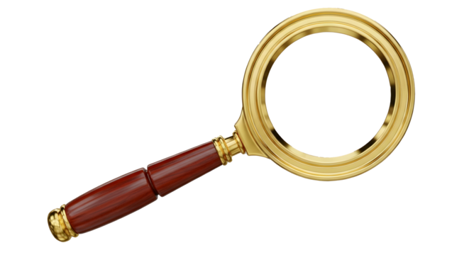 3D Rendered Magnifying Glass with Gold Frame on Transparent Background, Realistic Wooden Handle Magnifying Glass Illustration, Polished Brass and Wood Magnifying Glass Isolated, High-Quality Magnifyin