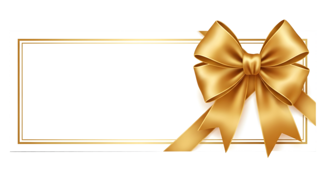 White Card with Gold Double Border and Satin Ribbon Bow on Transparent Background, Luxurious Gold Ribbon Bow Decoration on Blank Card, Elegant Horizontal Card with Golden Bow for Greeting or Invitatio