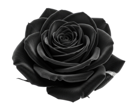 Black rose with velvety petals showcasing intricate layers on transparent background, cutout PNG
