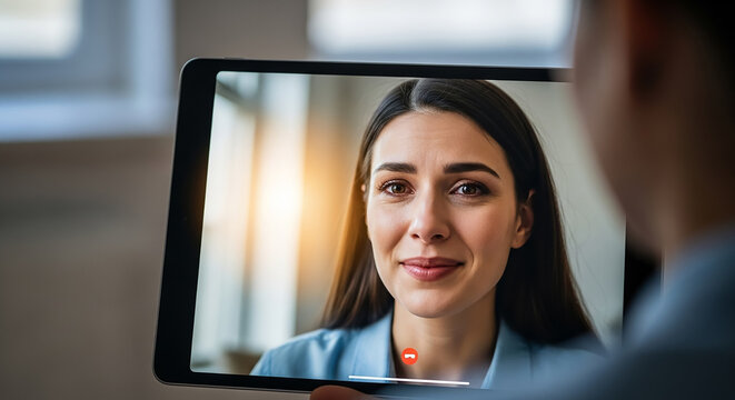 Person having video call with smiling woman on tablet - Powered by Adobe