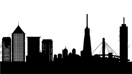 Modern city skyline silhouette with diverse skyscrapers and bridge, representing urban growth and ambition