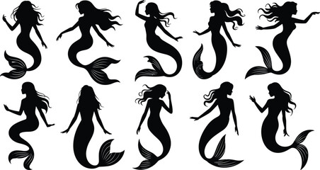 Mermaid silhouette collection in elegant poses, underwater fantasy character illustration, vector art of mystical sea maid with flowing hair and fish tail