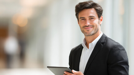 Fototapeta premium Young confident latin business executive man holding tablet smiling in modern office. successful happy professional with technology career