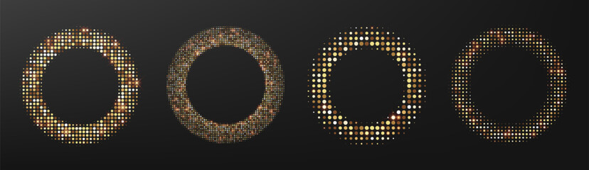 Golden halftone circle. Ring frames. Luxury glitter dots glowing round pattern isolated design
