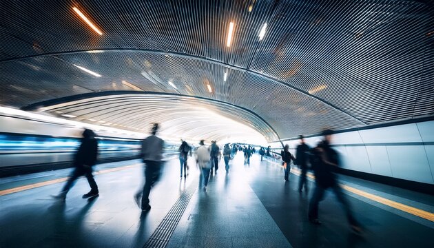 abstract motion blurred scene of commuters walking through a futuristic underground subway station with sleek curved ceilings and bright artificial lighting creating a fast paced urban atmosphere - Powered by Adobe