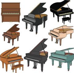 Piano illustrations set, upright and grand styles, colorful musical instruments, keyboard art collection, open lid designs, music education vector clipart © Hasem Creative