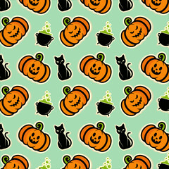 Halloween pattern with pumpkins, black cats, and bubbling cauldron in teal background
