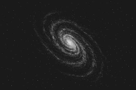 Black and white dotwork vector illustration of a spiral galaxy in outer space. Hand-drawn stippling style cosmic artwork showing stars, dust, and rotation in monochrome.