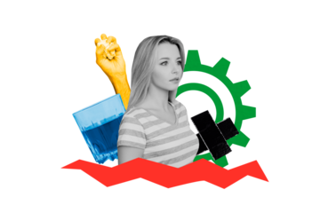 Composite photo collage of serious businesswoman glass alcohol addiction work failure hand crumpled paper isolated on painted background