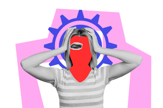 Composite trend artwork photo collage of caricature personage faceless wear mask close eye fragment headache think brainstorming gear