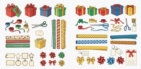 Illustration of gift wrapping supplies including paper, bows, and presents.