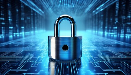 3d chrome lock casting reflections on clean blue binary field with subtle tech background