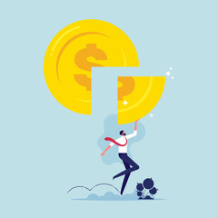 Shareholder or stakeholders concept, businessman takes pieces of a coin from a whole coin, make money and share profits