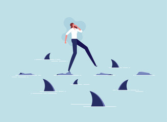 Small step to overcome difficulty or stepping stones to success concept, businesswoman walking a risky path, walks over abyss, hard and dangerous life period