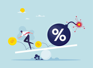Tax or loan payment trouble concept, inflation or interest rate causing economic recession, businessman investor running from exploding percentage bomb or heavy debt