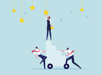 Teamwork or cooperation for best quality work concept, employees support colleague to catch star