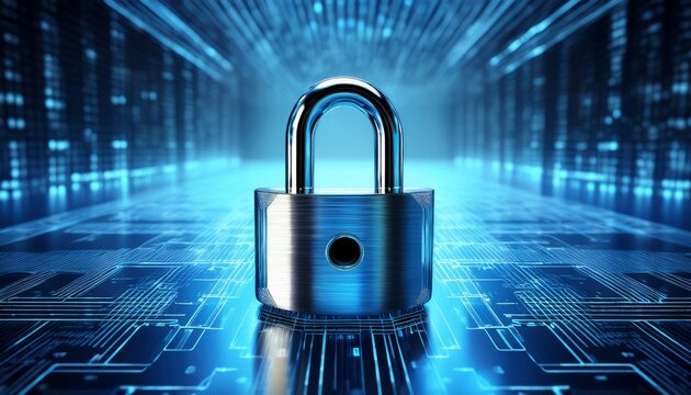 3d chrome lock casting reflections on clean blue binary field with subtle tech background