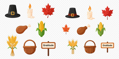 Thanksgiving themed clip art featuring hats, candles, leaves, corn, turkey legs, wheat, baskets, and gratitude signs.