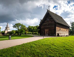 Wooden medieval building and church with path leading through a verdant park, under a cloudy sky