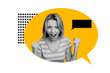 Composite trend artwork 3D sketch image photo collage of speech cloud monochrome young lady say talk leader fist gesture confident