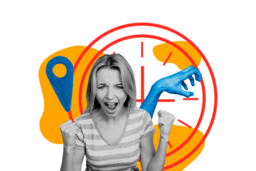 Composite photo collage of aggressive girl hold fist gesture lost geolocation metric compass navigation isolated on painted background