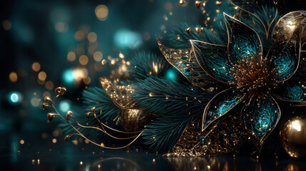 Christmas decoration border with fir branches and golden glitter confetti and sparkles of lights blur bokeh on green background. Bright Christmas and New Year design holiday frame. Vector illustration