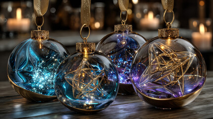 Christmas ornaments glass transparent balls. Set of Christmas ball inside bright light garlands, realistic 3d colorful star, hanging on gold ribbon. Festive decoration objects. vector illustration