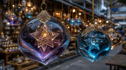 Christmas ornaments glass transparent balls. Set of Christmas ball inside bright light garlands, realistic 3d colorful star, hanging on gold ribbon. Festive decoration objects. vector illustration