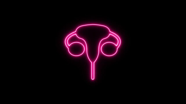 Vibrant pink neon uterus and fallopian tubes icon glowing symbol healthcare medical concept. Neon Icon. Neon Sign