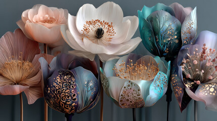 Set of abstract flower posters. Trendy botanical wall arts with floral design in danish pastel colors. Modern naive groovy funky interior decorations, paintings. Vector art illustration.