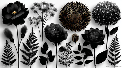 Set of flower and leaves silhouettes. Hand drawn floral design elements, icons, shapes. Wild and garden flowers, leaves black and white outline illustrations isolated on white background