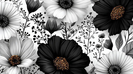 Set of flower and leaves silhouettes. Hand drawn floral design elements, icons, shapes. Wild and garden flowers, leaves black and white outline illustrations isolated on white background