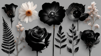 Set of flower and leaves silhouettes. Hand drawn floral design elements, icons, shapes. Wild and garden flowers, leaves black and white outline illustrations isolated on white background