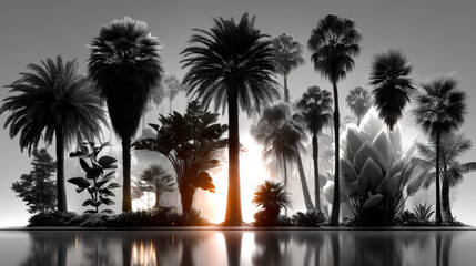 Set of different palm tree black silhouettes. Hand drawn vector illustrations isolated on white background