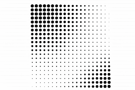 Halftone pattern creating a gradient effect with black dots, an abstract overlay graphic element on transparent background