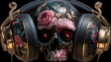 Illustration of a headphone with beautiful floral elements on blackboard. EPS 10. Transparency. No gradients.