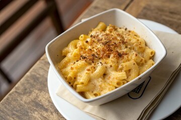 Creamy baked macaroni and cheese in a white dish