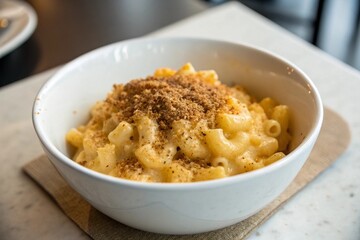 A close up shot of creamy mac and cheese in a white bowl