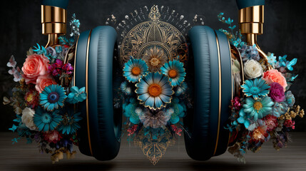 Illustration of a headphone with beautiful floral elements on blackboard. EPS 10. Transparency. No gradients.