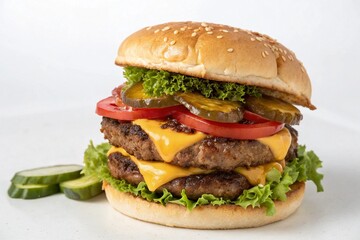 A delicious double cheeseburger with fresh toppings presented on a white surface