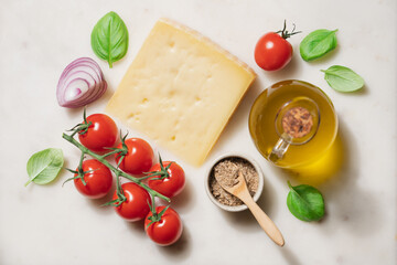 Italian cooking ingredients on marble background:  tomatoes, parmesan cheese, olive oil, garlic, red onion and basil top view