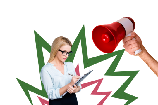 Composite collage picture image of young employee hand hold toa announcement boss pressure bizarre unusual fantasy billboard comics