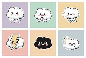 Cute Cloud Mascot Character Emoticon Sticker Set Showing Different Weather and Moods, Forecast and Nature Concept