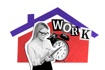 Composite art 3d creative image collage of serious businesswoman write clipboard pencil home icon real estate agent workload