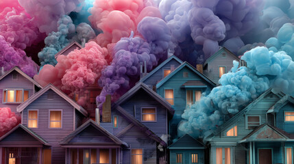 Seamless pattern with colorful houses and smoke. EPS 10. No transparency. No gradients.