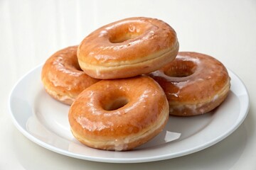 A small stack of glazed donuts presented on a white ceramic plate