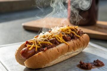 A steaming hot dog covered in chili cheese and delicious toppings