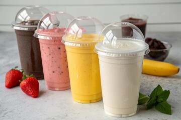 Assortment of colorful fruit smoothies in plastic cups with fresh ingredients