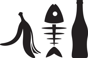 food waste banana peel, fish bone, and bottle silhouette, represents waste, trash, or discarded items, rendered in a simple, minimalist style for environmental or recycling themes outline icon on