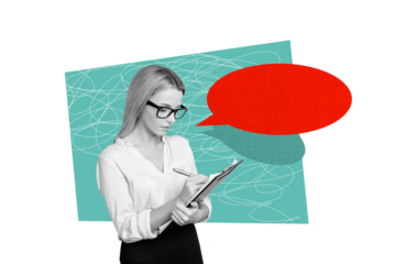 Composite trend artwork sketch image photo collage of copyspace  business young lady hold clipboard write pen candidate hr speech cloud